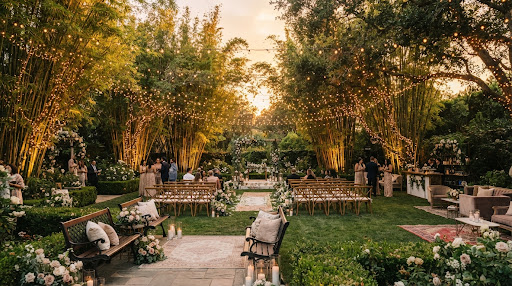 Jardín iluminado al atardecer en Bambú Salón de Eventos